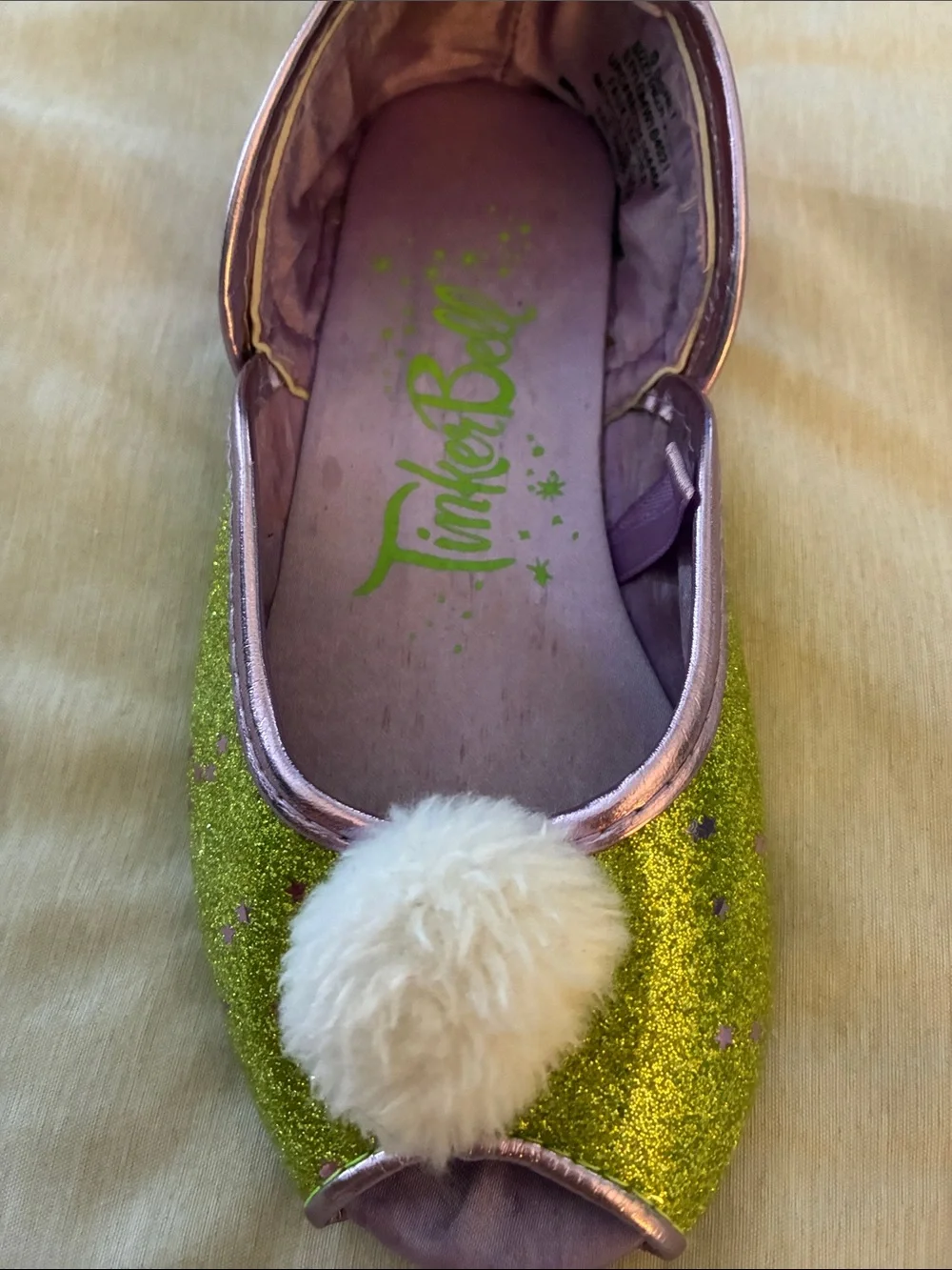Disney Tinker Bell Green Glitter Girls' Ballet Flats with White Pom-Pom